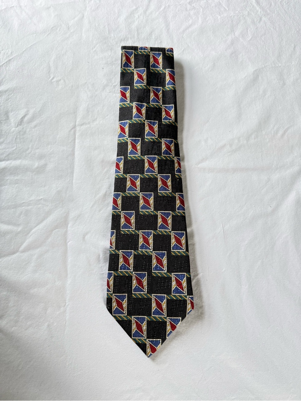Vintage Dior Black Tie with Red, Blue & Gold Geometric Motif